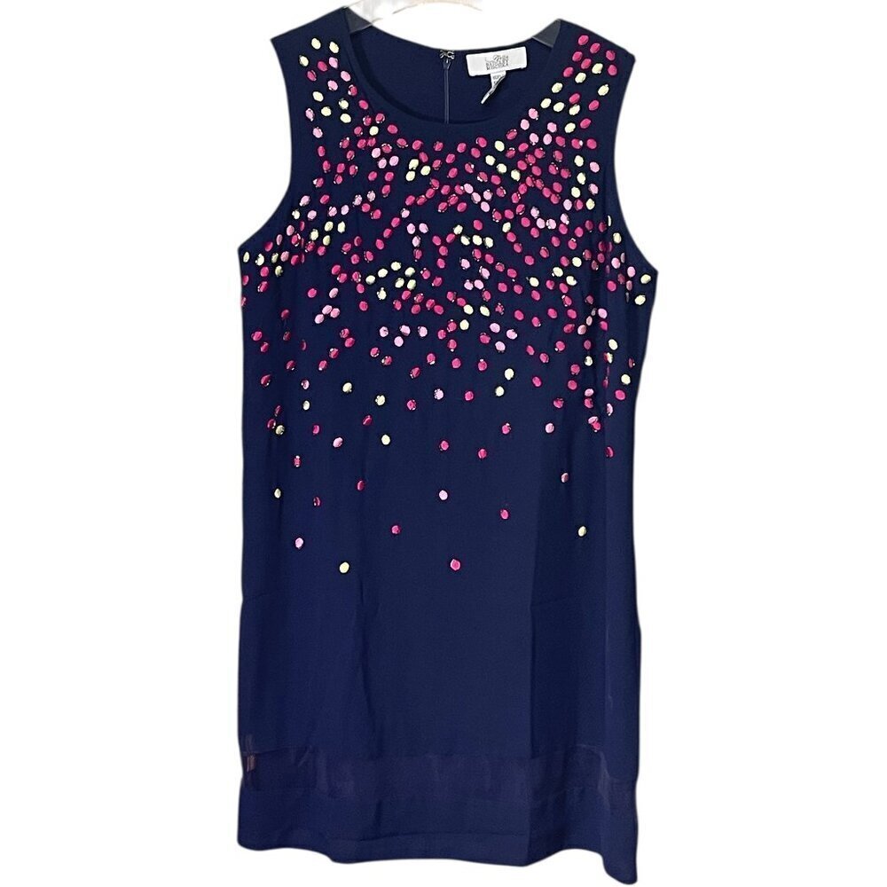 Belle Badgley Mischka Shift Dress – Size 12 – Beaded & Embroidered – Navy Pink